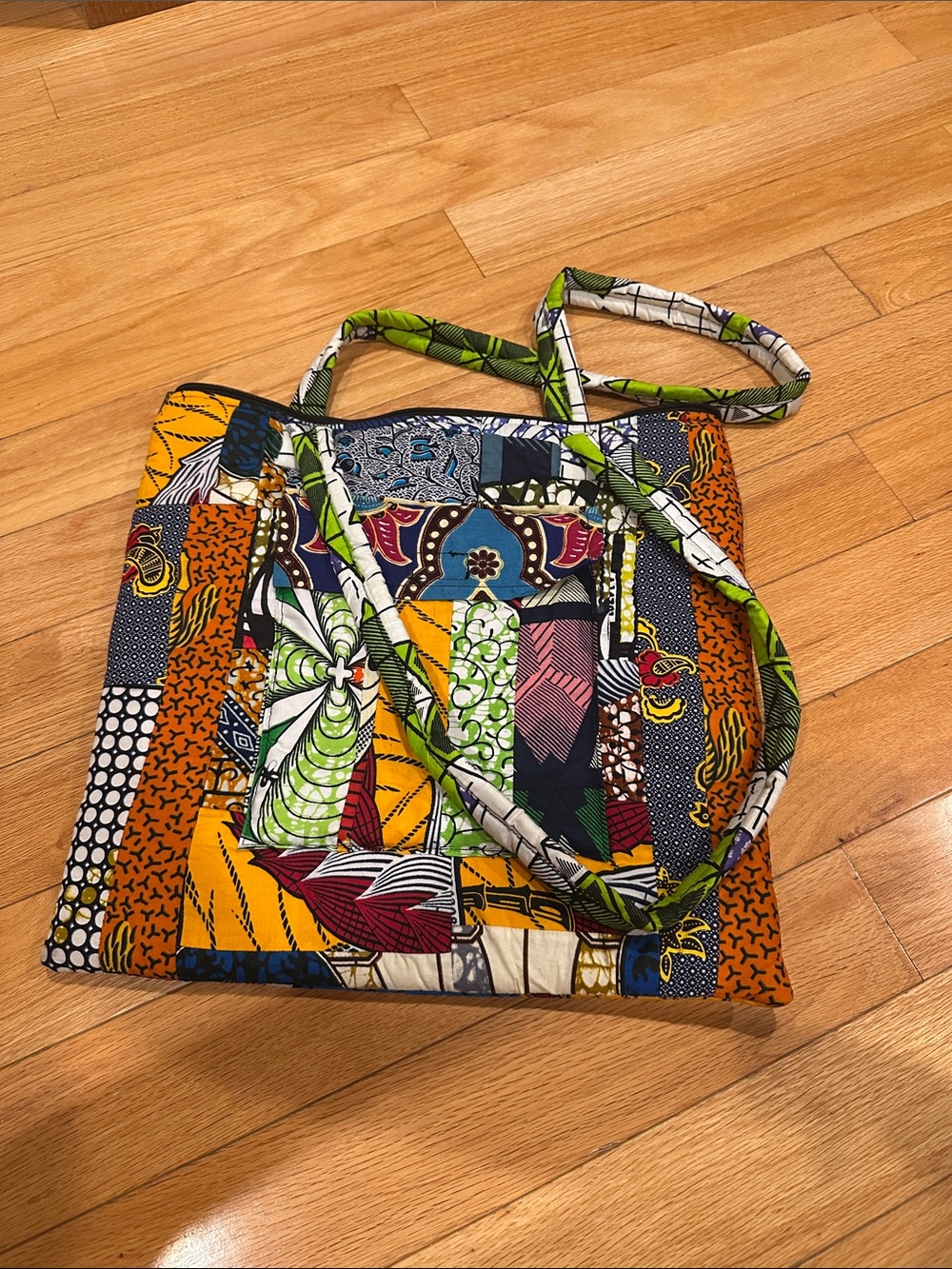 Handmade Multicolor Patchwork Tote Bag - Vibrant Green & Mustard
